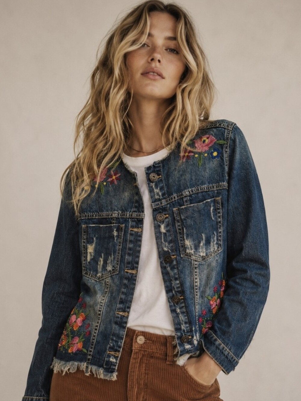 Cartise Floral Embroidered Denim Jacket Fringe Hem Boho Western Trucker Sz 10 US